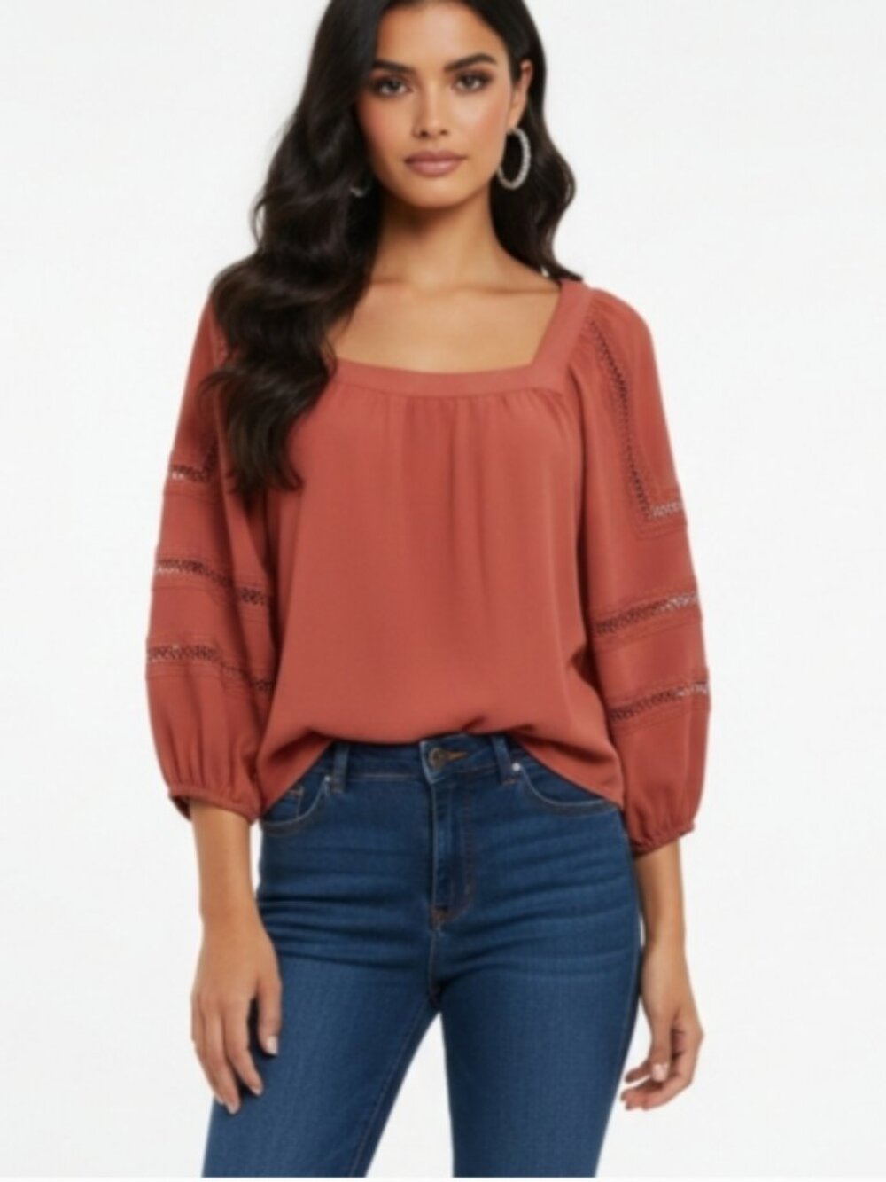 NWT Express Boho Peasant Blouse Top Rust Square Neck Puff Sleeve Lace Trim SZ S